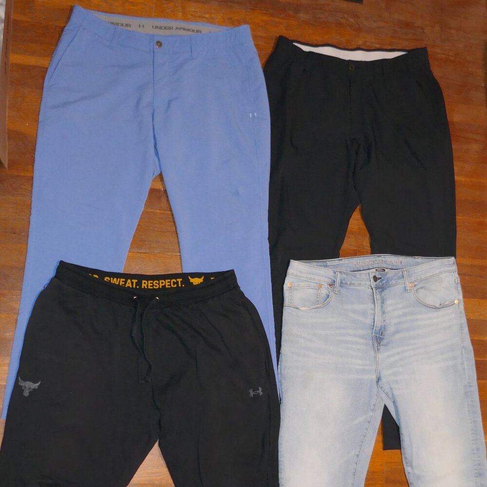 4 MENS SIZE XL UNDER ARMOUR THE ROCK 38X34 BLACK 38X32 BLUE AMERICAN EAGLE PANTS